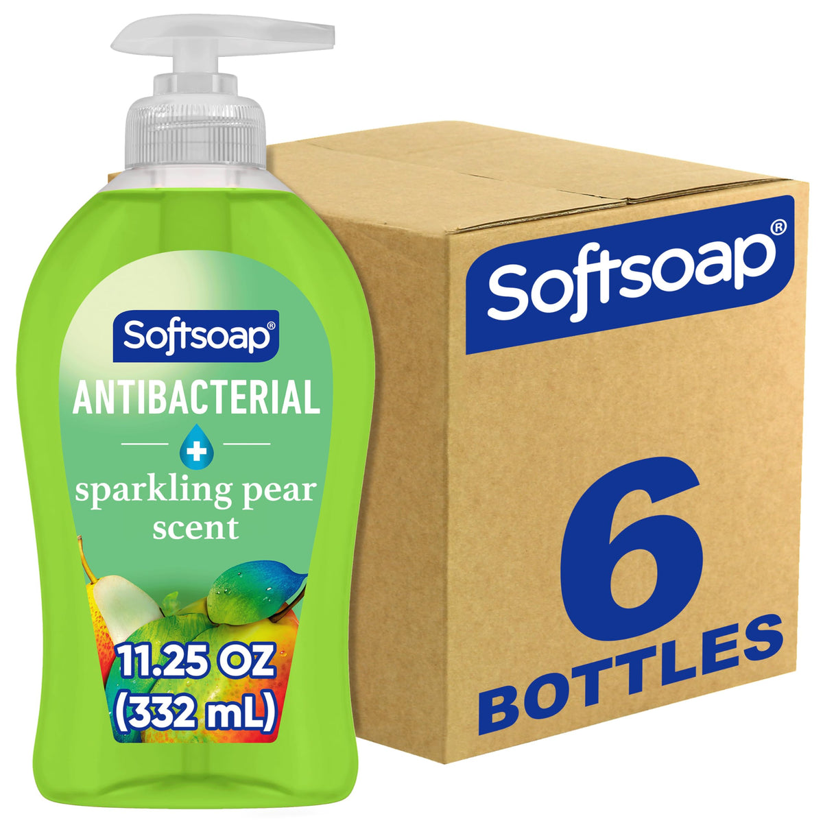 Softsoap front packaging showing six sparkling pear bottles and clear labeling benefit