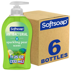 Softsoap front packaging showing six sparkling pear bottles and clear labeling benefit