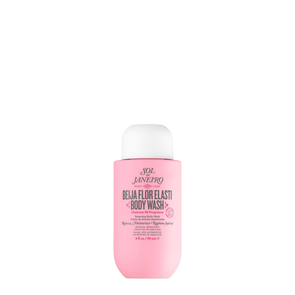 Sol de Janeiro front packaging showing travel-size bottle and benefit hydration