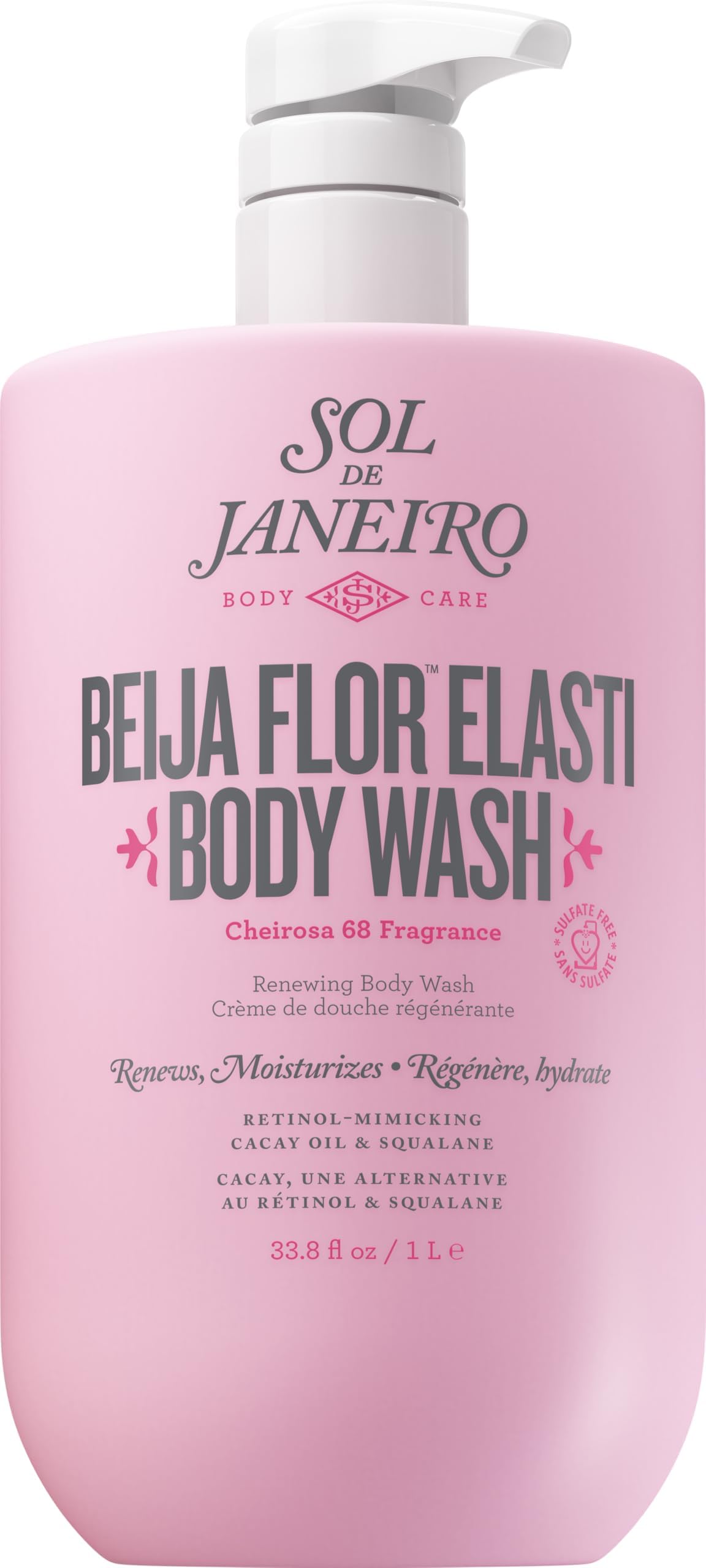 Sol de Janeiro front view of 1L pump bottle showing label and design benefits