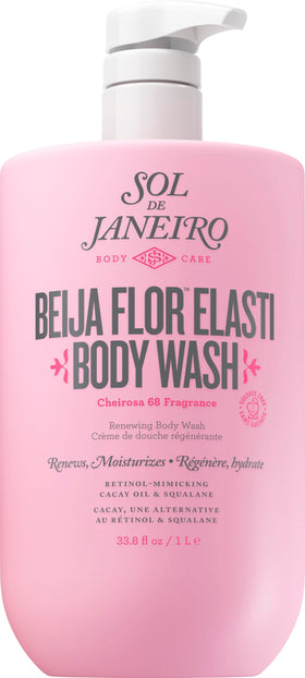 Sol de Janeiro front view of 1L pump bottle showing label and design benefits