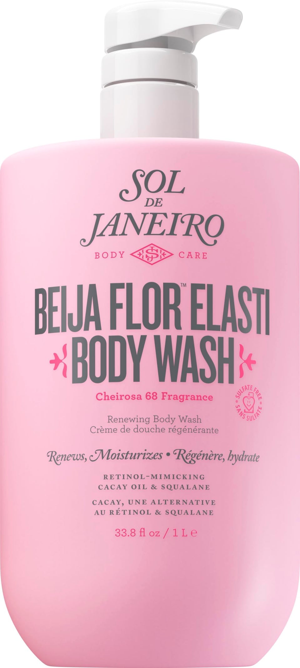 Sol de Janeiro front view of 1L pump bottle showing label and design benefits