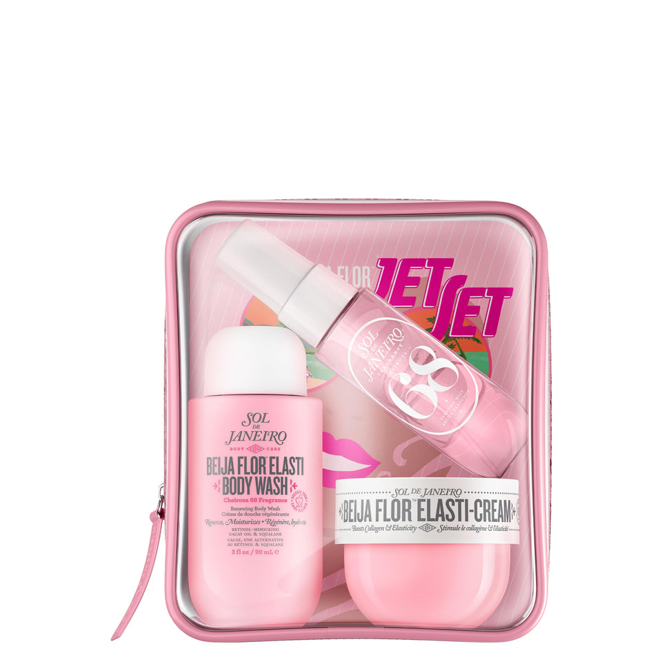 Sol de Janeiro Beija Flor kit front view showing compact travel packaging and trio