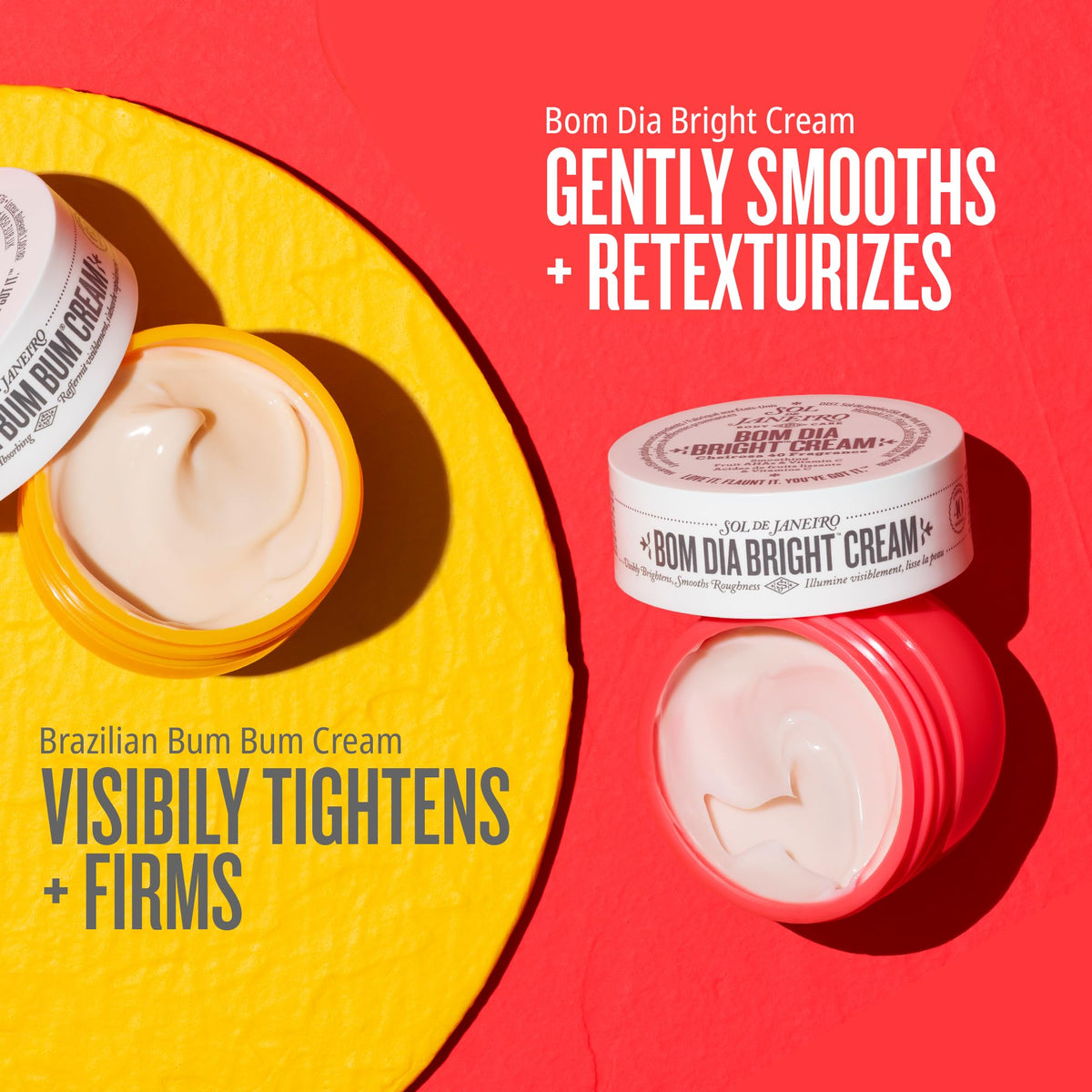 Sol de Janeiro Bom Dia Bright Cream jar close-up showing brightening formula benefits