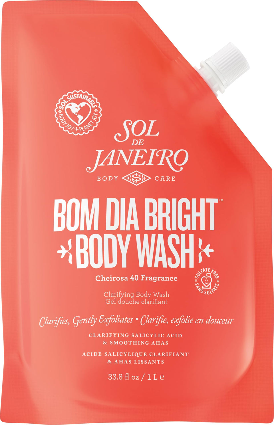 Sol de Janeiro refill pouch front view showing product branding and size benefits