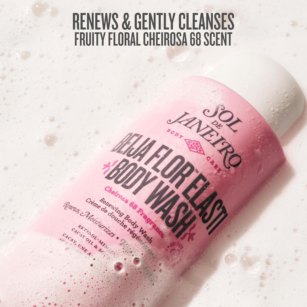Sol de Janeiro Bom Dia bright body wash foaming on hand to show gentle exfoliation