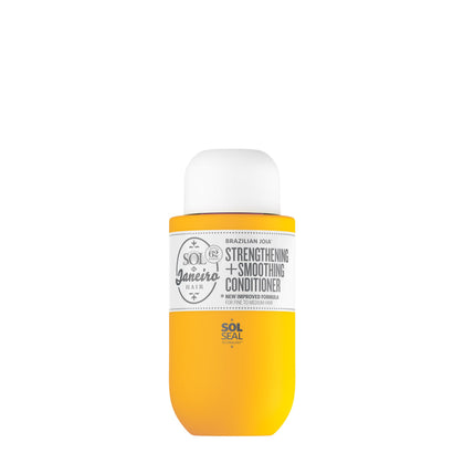 Sol de Janeiro conditioner front label showing travel-size and benefits