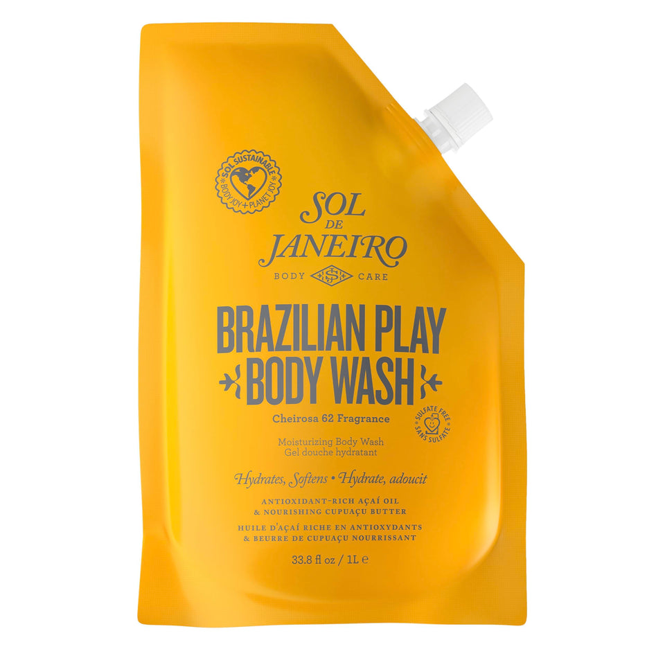 Sol de Janeiro front pouch view showing product branding and size benefit