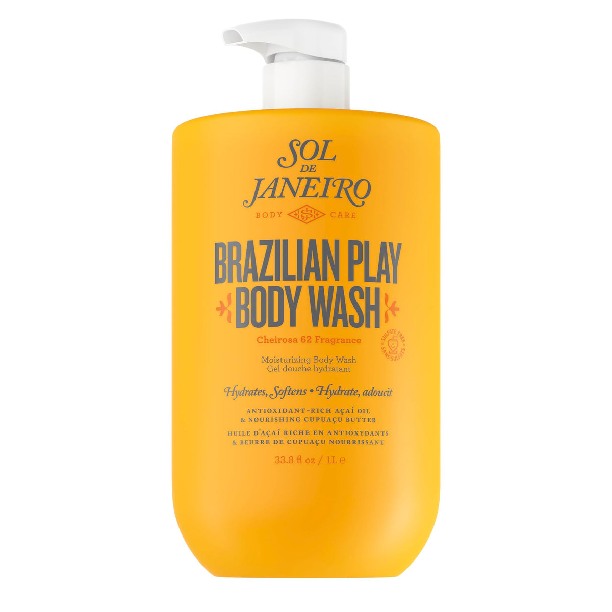 Sol de Janeiro front pump bottle showing 1L size and sunny label benefit convenience