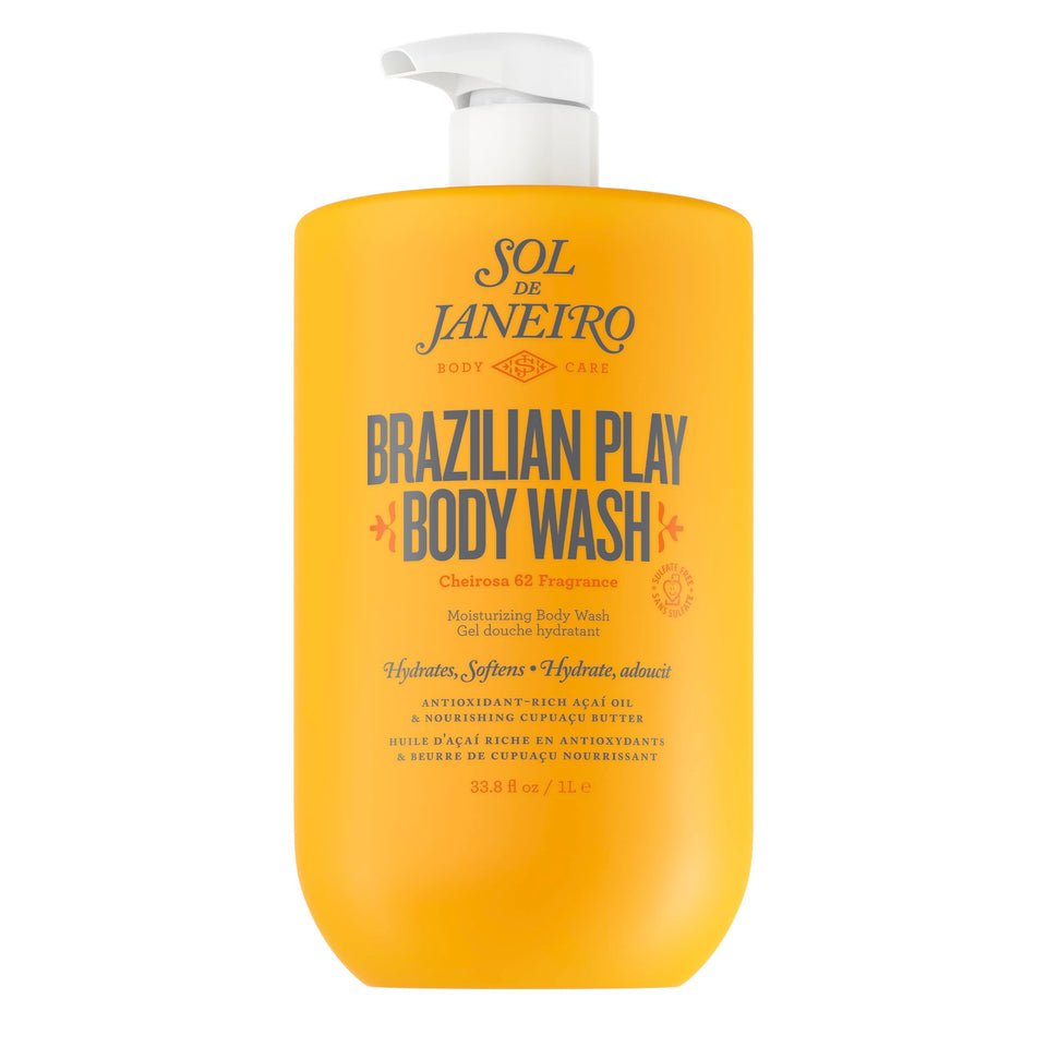 Sol de Janeiro front pump bottle showing 1L size and sunny label benefit convenience