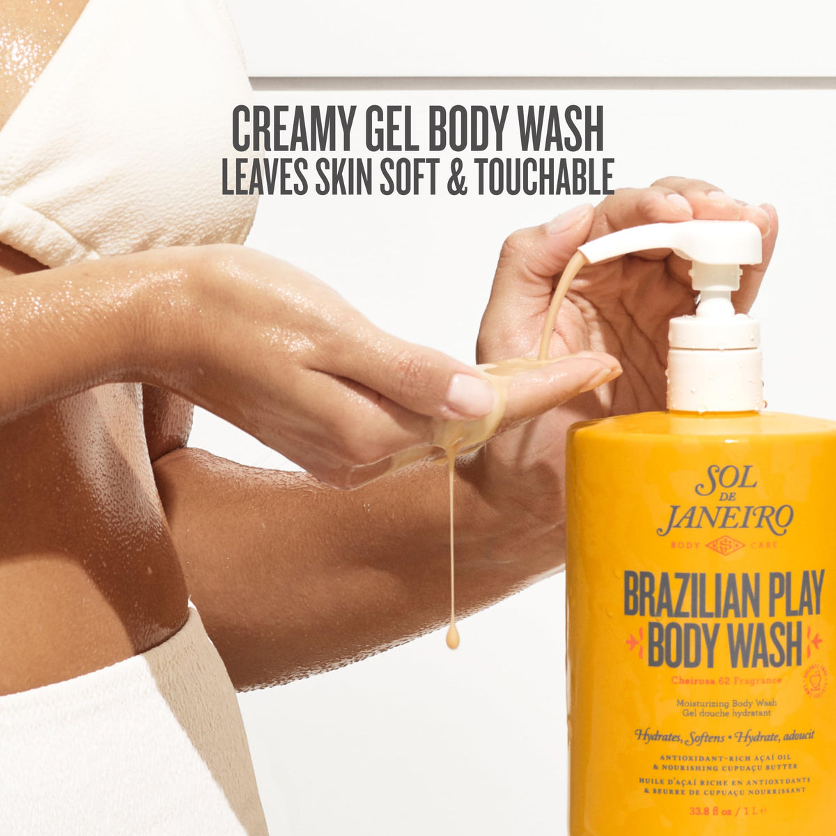 Sol de Janeiro pouch pouring into bottle demonstrating easy refill benefit