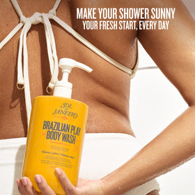 Sol de Janeiro bottle in a styled shower setting showing lifestyle and daily use benefit
