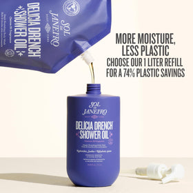 Sol de Janeiro 1L pouch next to smaller bottle showing cost-effective scale