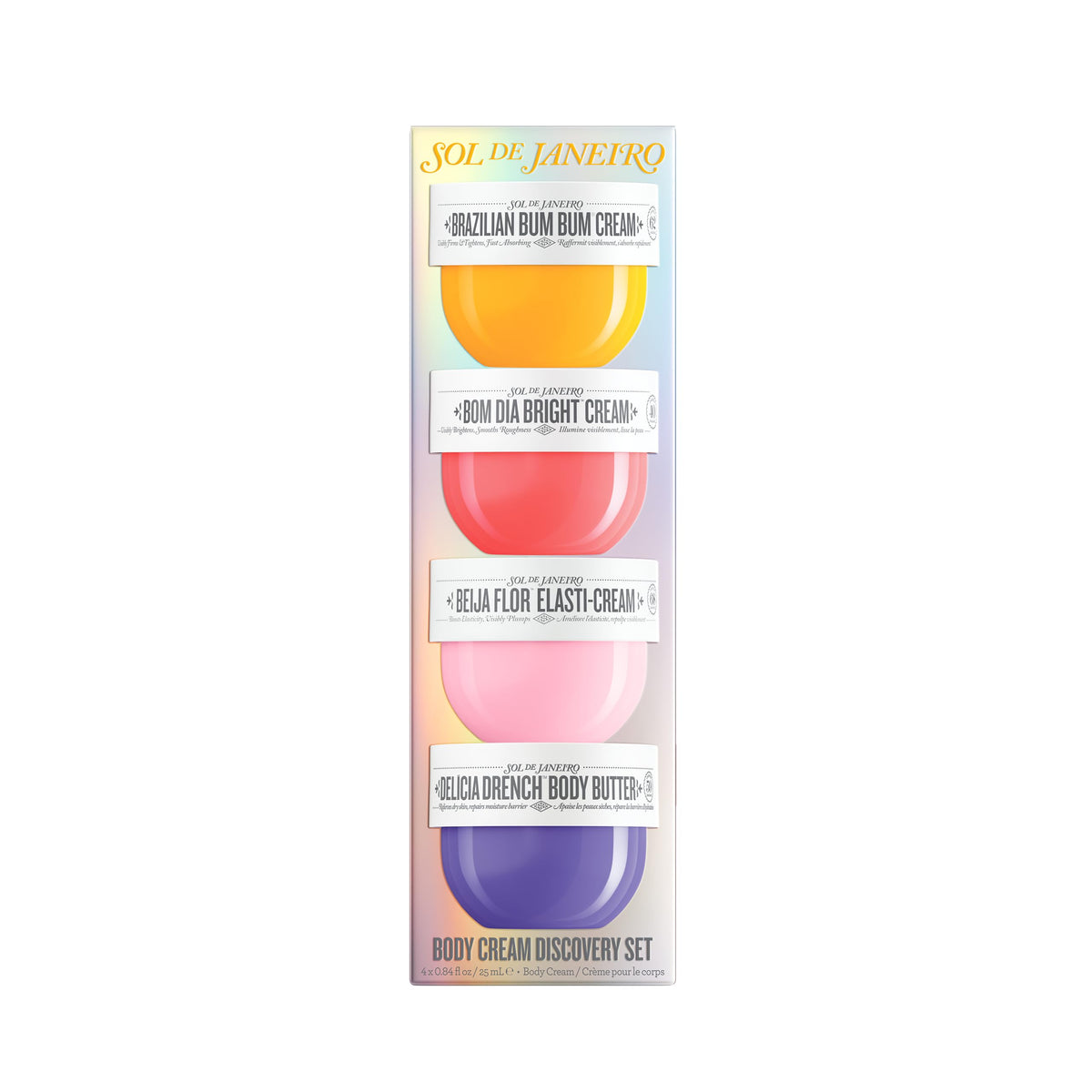 Sol de Janeiro four minis lined up displaying individual labels and color variety