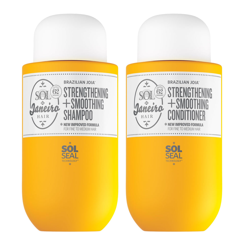 Sol de Janeiro front packaging bottles showing set for visible repair and shine