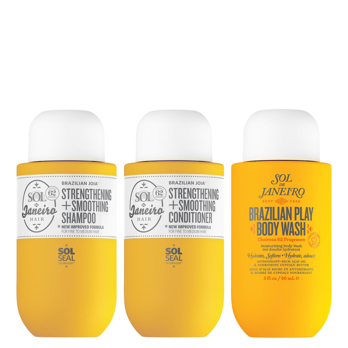 Sol de Janeiro front packaging showing trio and travel convenience