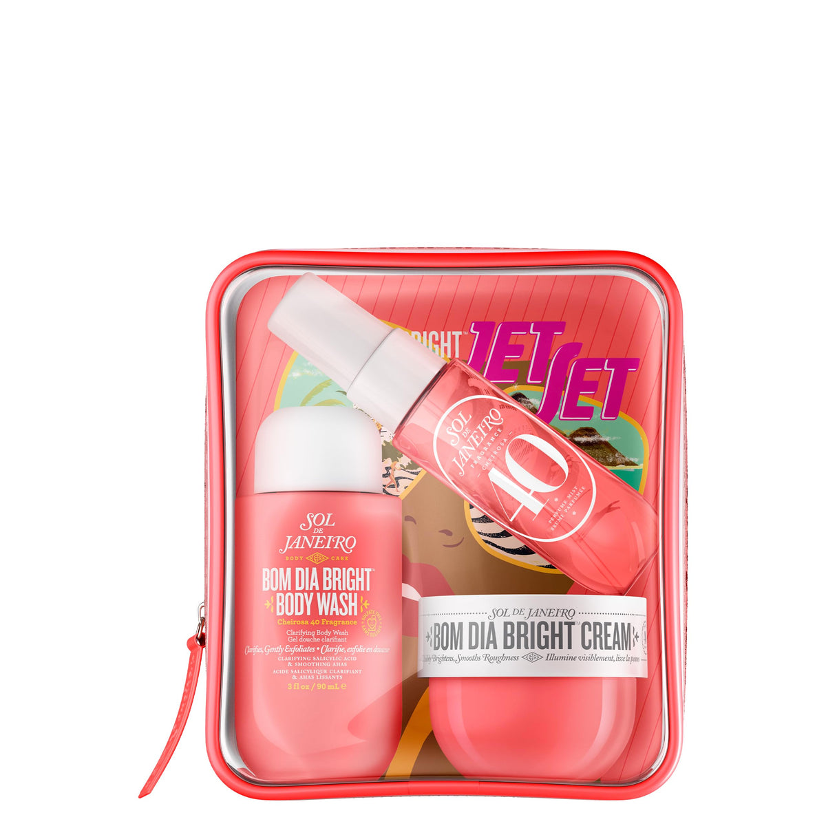 Sol de Janeiro front packaging view showing the travel set and easy packing benefit