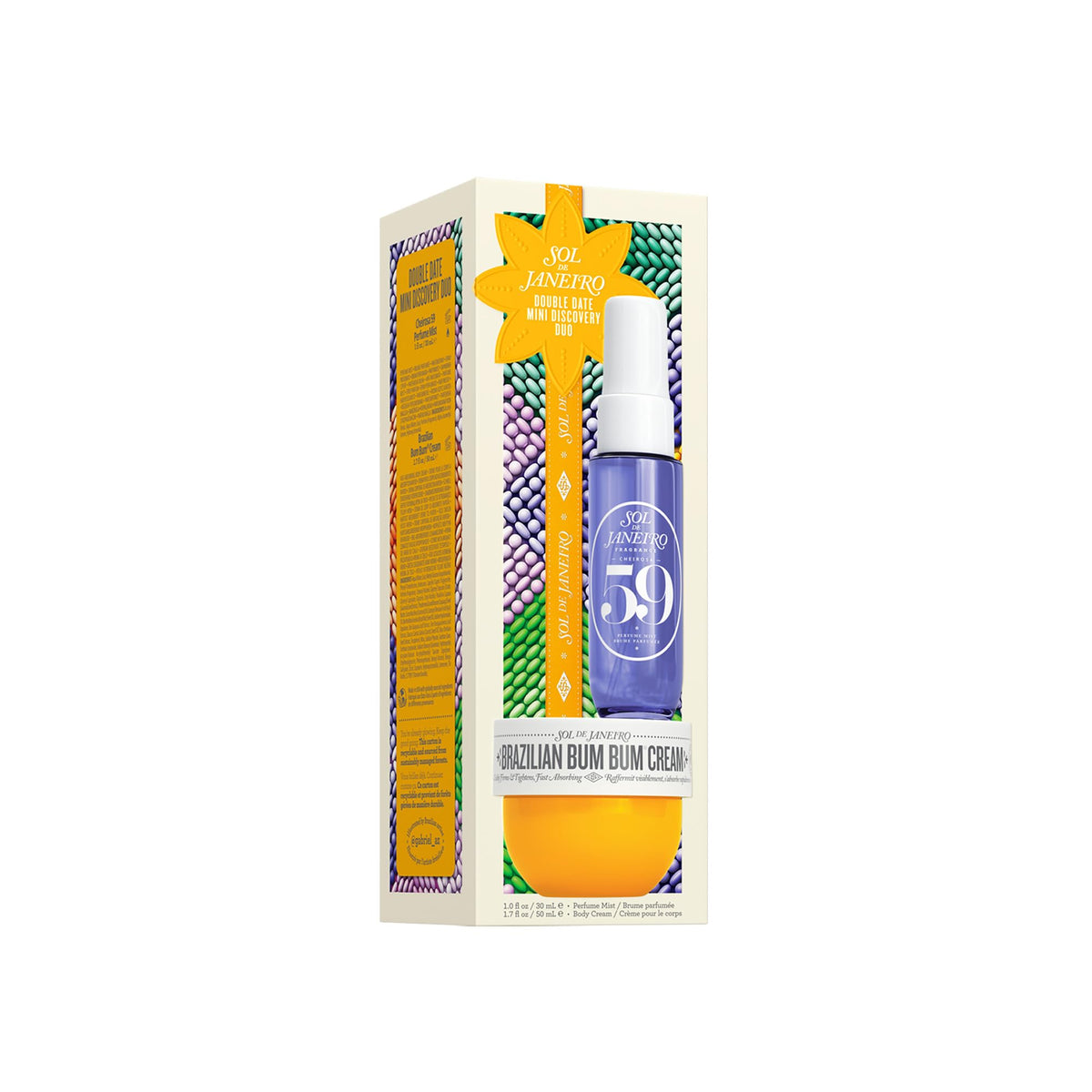 Sol de Janeiro products styled on beach-inspired flatlay conveying tropical scent and lifestyle appeal