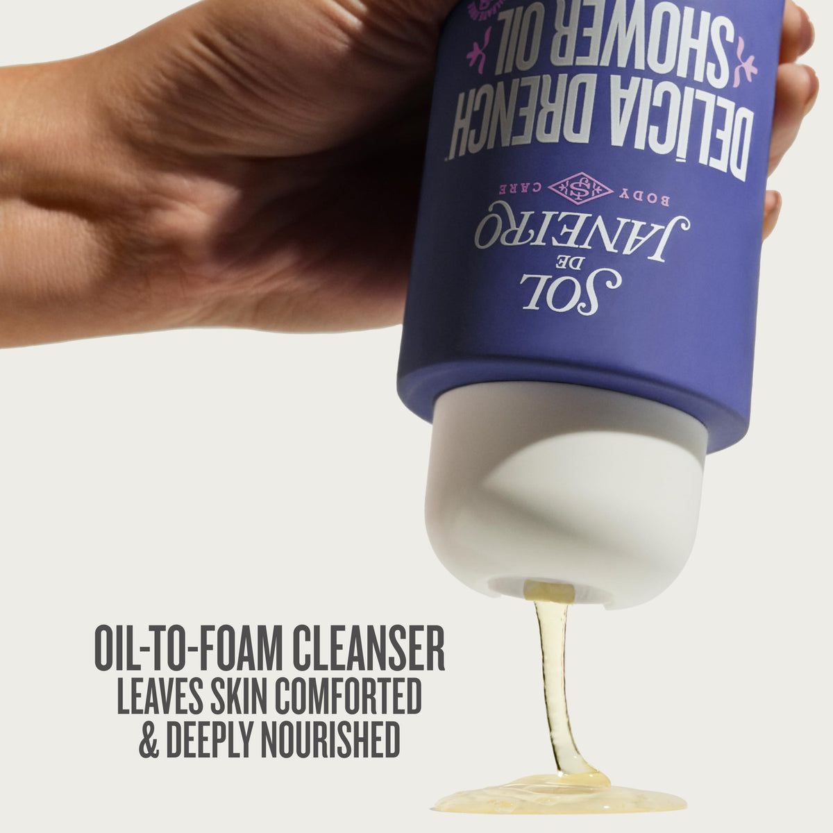 Sol de Janeiro pump dispensing oil-to-foam showing easy, controlled application benefit