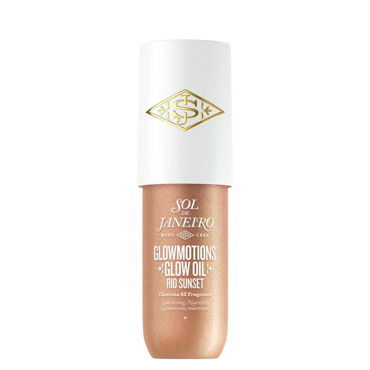 Sol de Janeiro bottle front view showing glow oil and elegant design benefit portable radiance