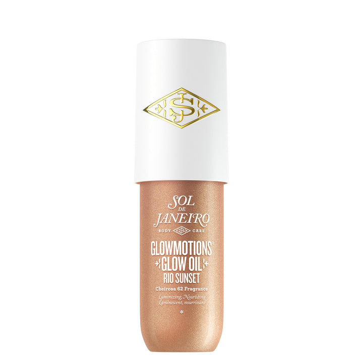 Sol de Janeiro bottle front view showing glow oil and elegant design benefit portable radiance