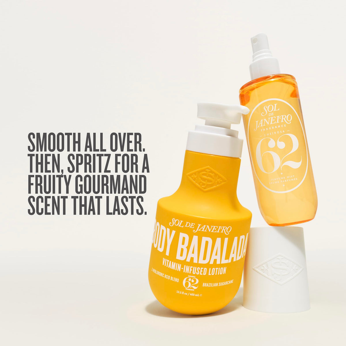 Sol de Janeiro products next to hand showing true size and portable convenience