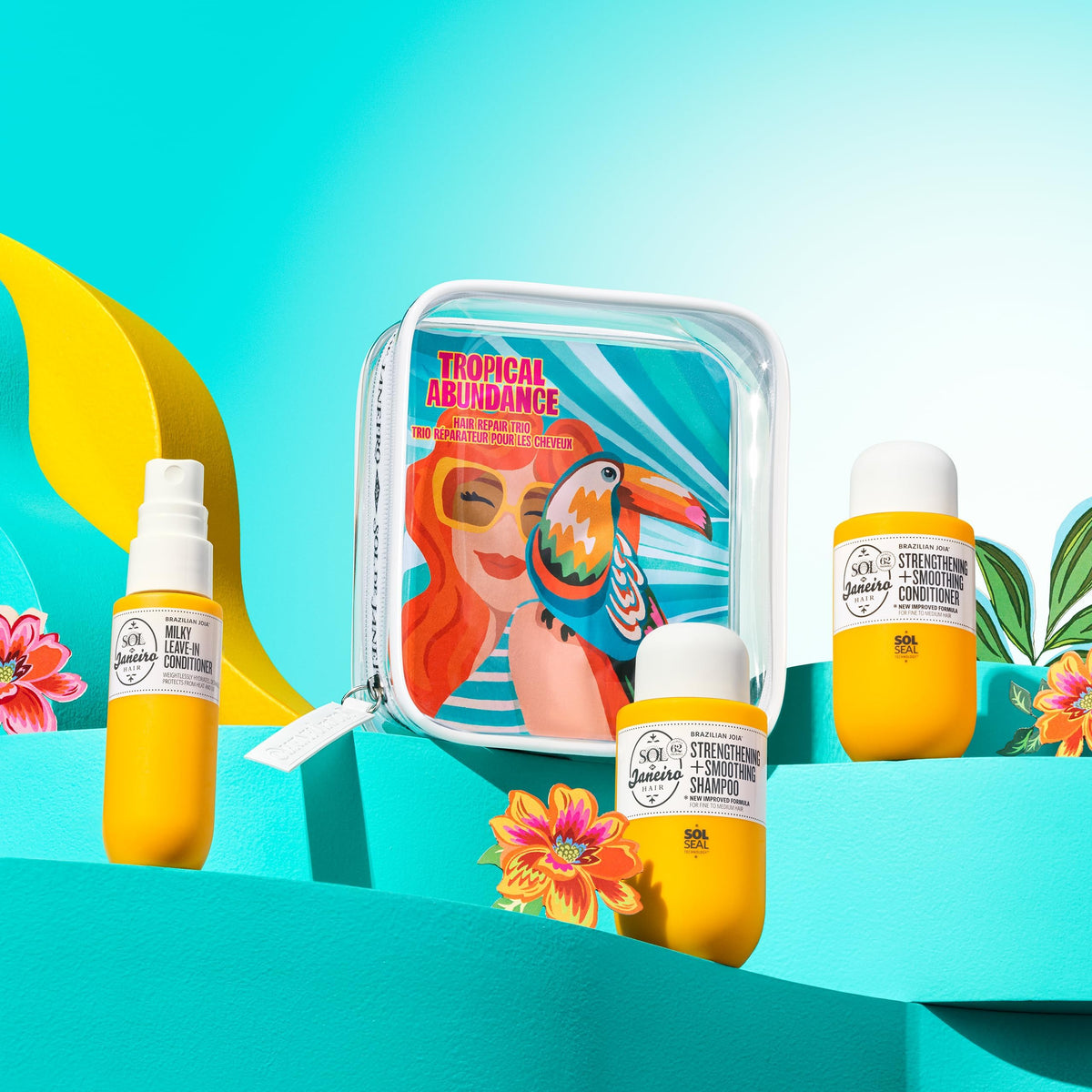 Sol de Janeiro travel set beside toiletries showing TSA-friendly portability benefit