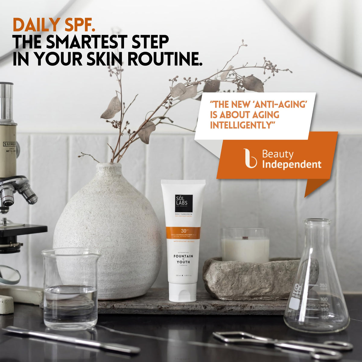 SOL LABS sunscreen on body beach scene showing water-resistant wear for active days