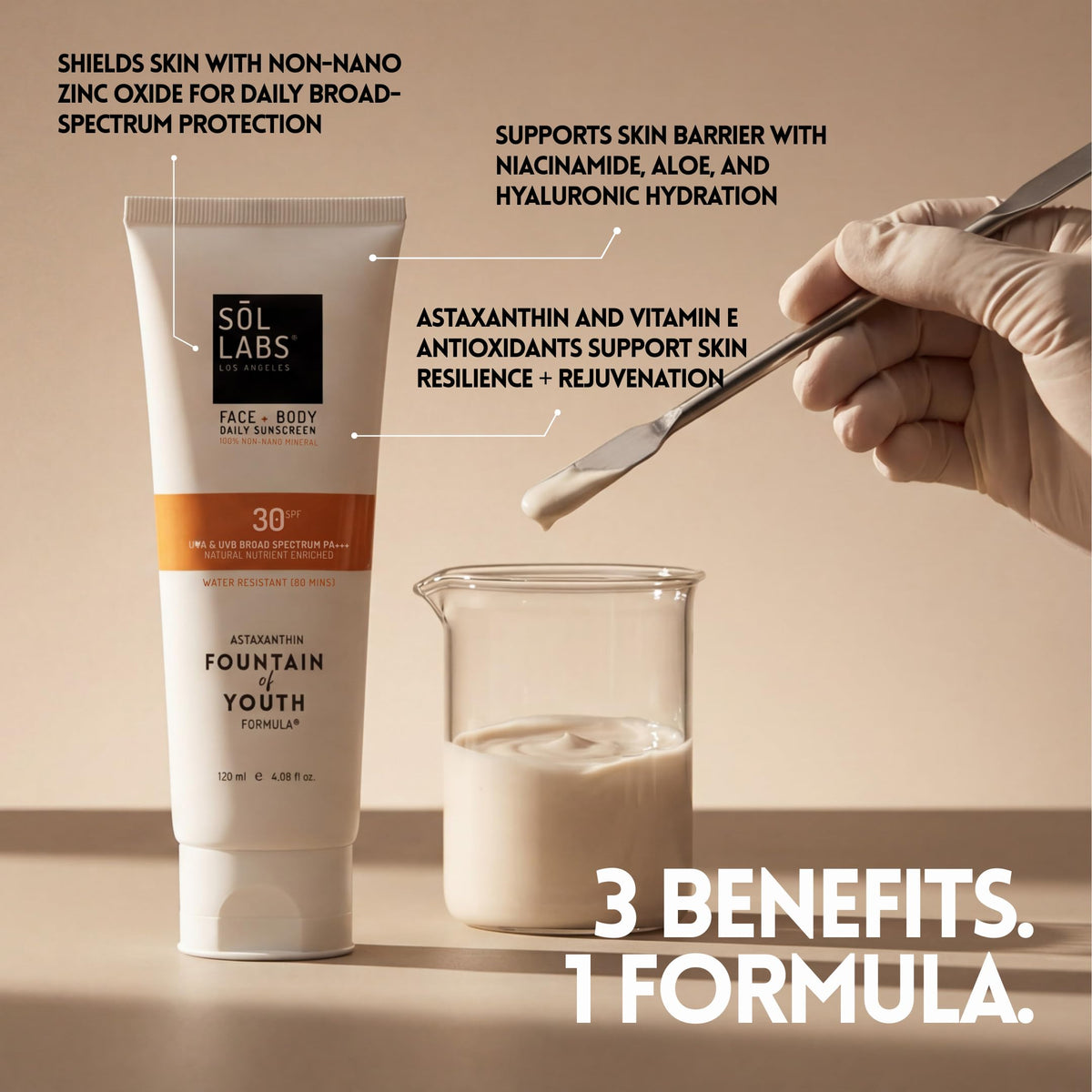 SOL LABS ingredient panel close-up showing niacinamide hyaluronic acid and zinc oxide benefits