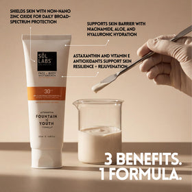SOL LABS ingredient panel close-up showing niacinamide hyaluronic acid and zinc oxide benefits
