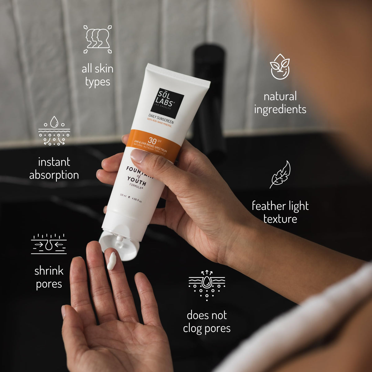 SOL LABS in morning routine bathroom lifestyle shot highlighting everyday moisturizing protection