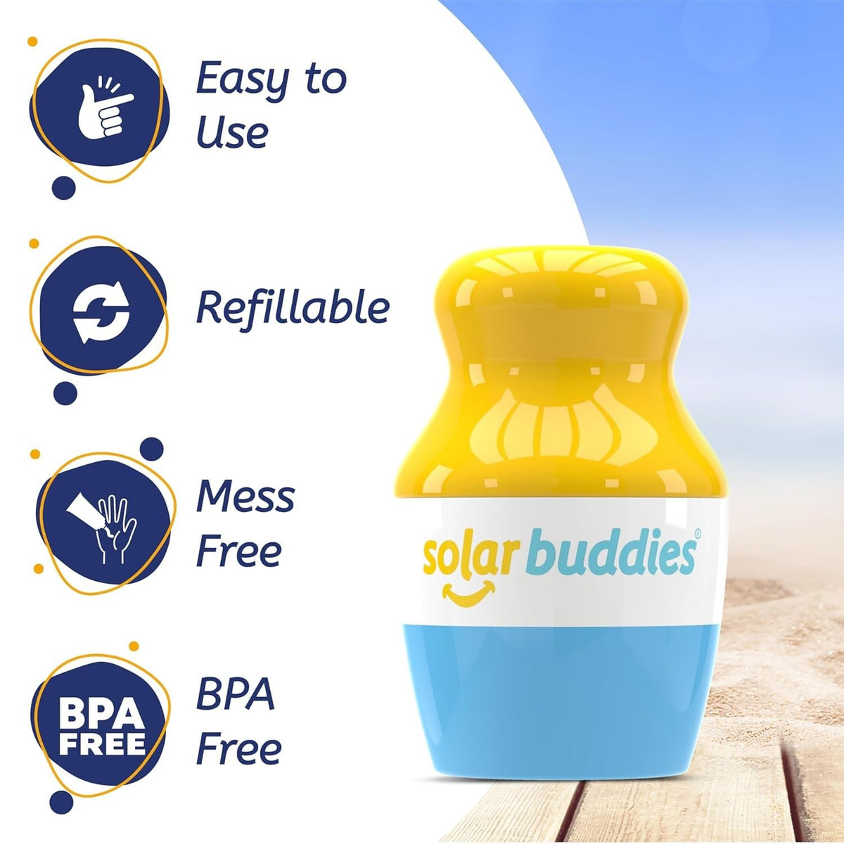 Solar Buddies applicator held in hand showing 3.4 fl oz scale and easy one-handed use
