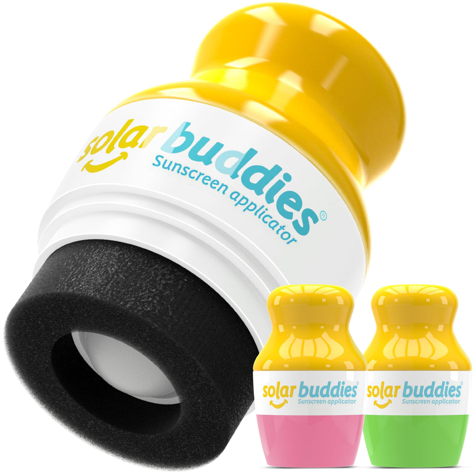 Solar Buddies front view showing green and pink bottles and travel benefit