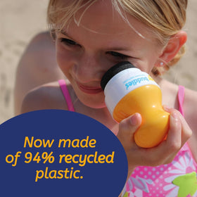 Solar Buddies filling demo with sunscreen bottle showing refillable convenience and leak reduction
