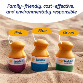 Solar Buddies being refilled from sunscreen bottle to illustrate reusable convenience