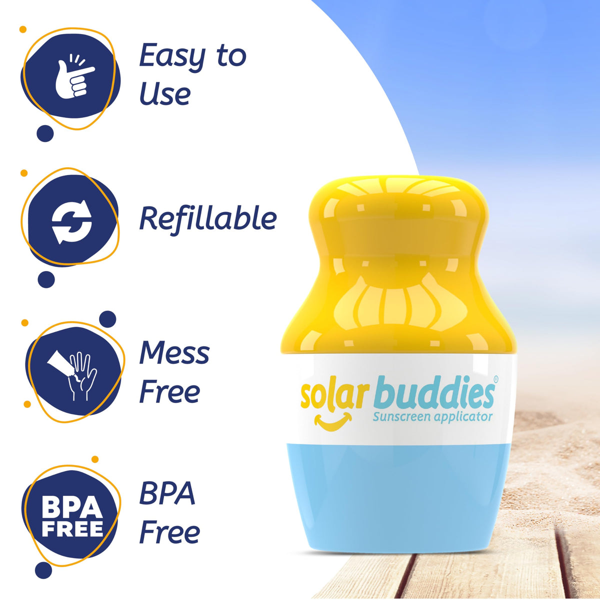 Solar Buddies refill port with visible 100ml indicator for easy travel compliance