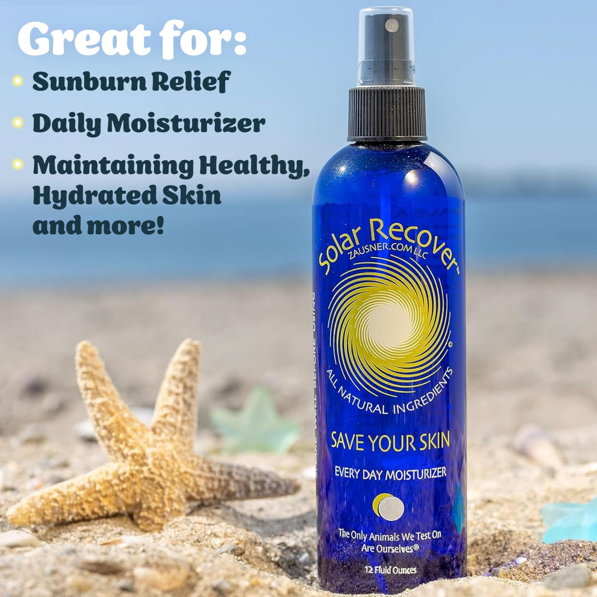 Solar Recover texture with spray droplets illustrating lightweight feel and fast absorption