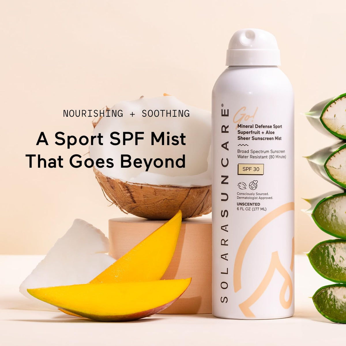 Solara Suncare in use at beach showing spray application and 80-minute water resistance for active days