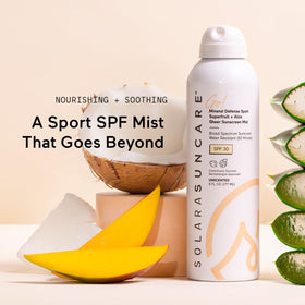 Solara Suncare in use at beach showing spray application and 80-minute water resistance for active days