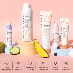 Solara Suncare lifestyle bag shot placed with towel and sunglasses showing ready-for-sport convenience