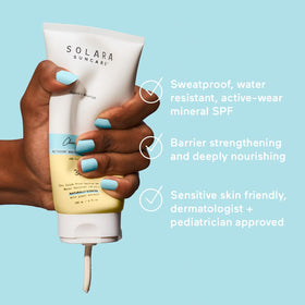 SOLARA SUNCARE tube held in hand showing compact 3 fl oz travel size