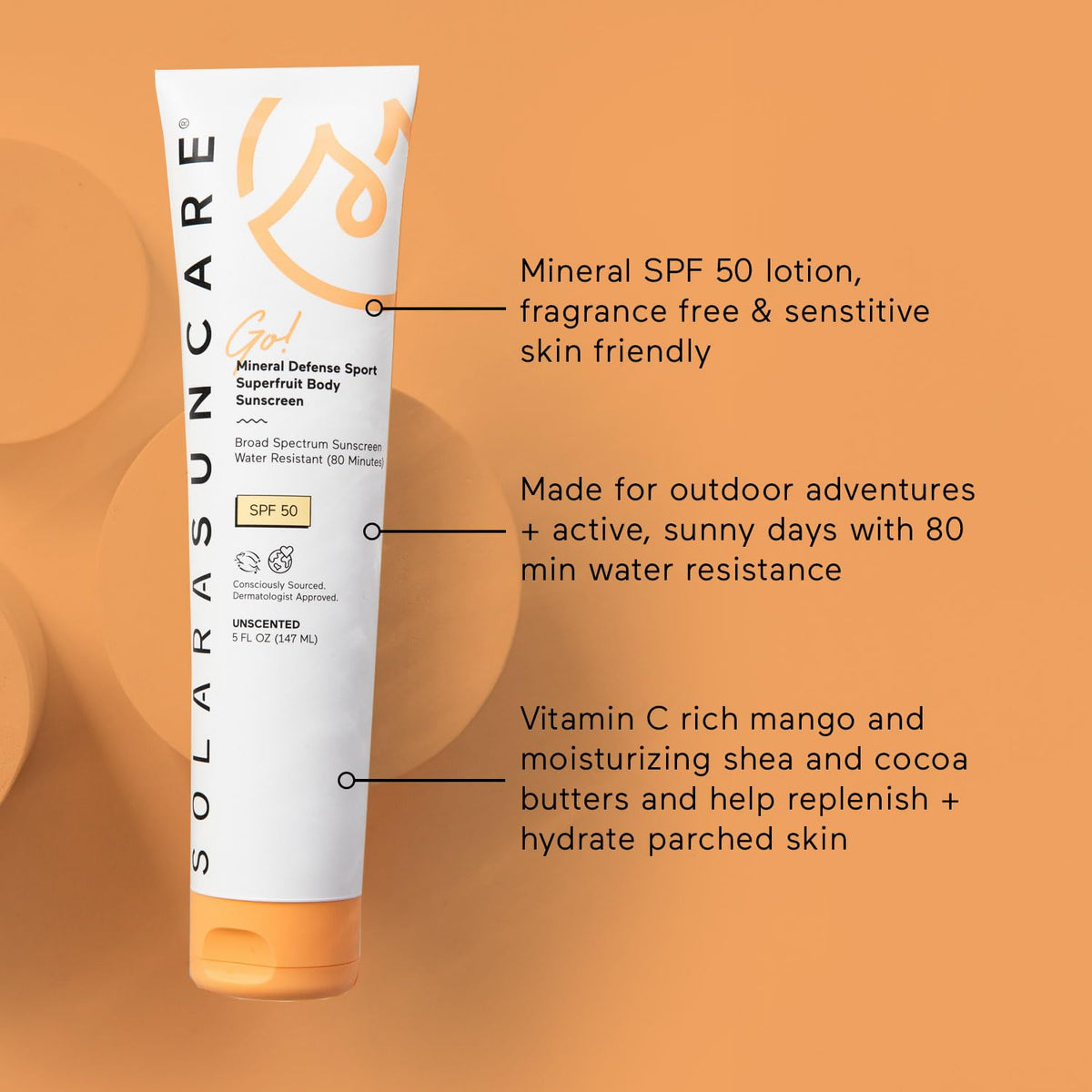 Solara Suncare tube beside water bottle showing portable size benefits