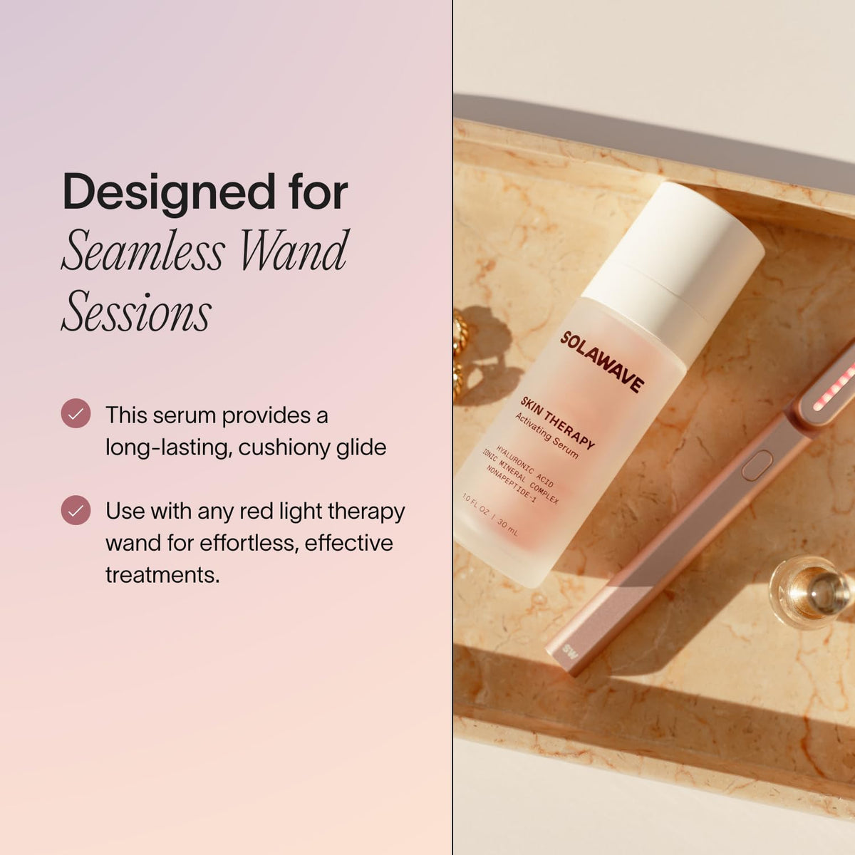 Solawave ingredient label close-up highlighting hyaluronic acid and peptide blend benefits
