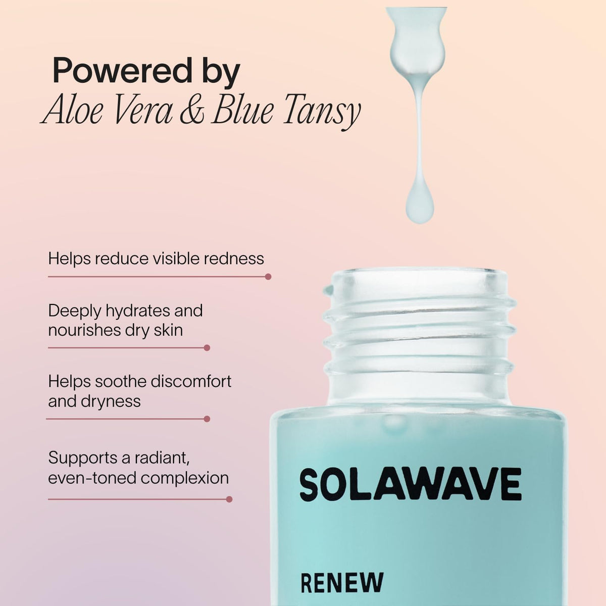 Solawave 1 oz bottle next to hand to show compact travel-friendly size