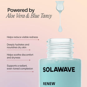 Solawave 1 oz bottle next to hand to show compact travel-friendly size