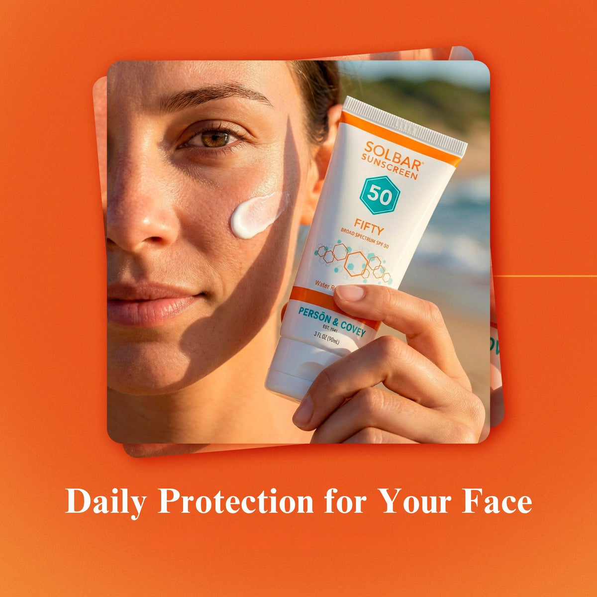 Applying Solbar Fifty to shoulder to demonstrate water-resistant sun protection for active days benefit
