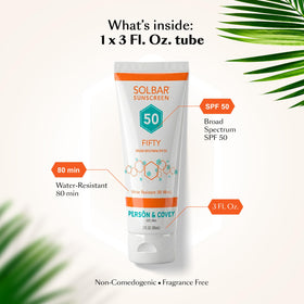 Applying Solbar Fifty to face to show non-greasy SPF 50 protection and makeup-friendly finish benefit