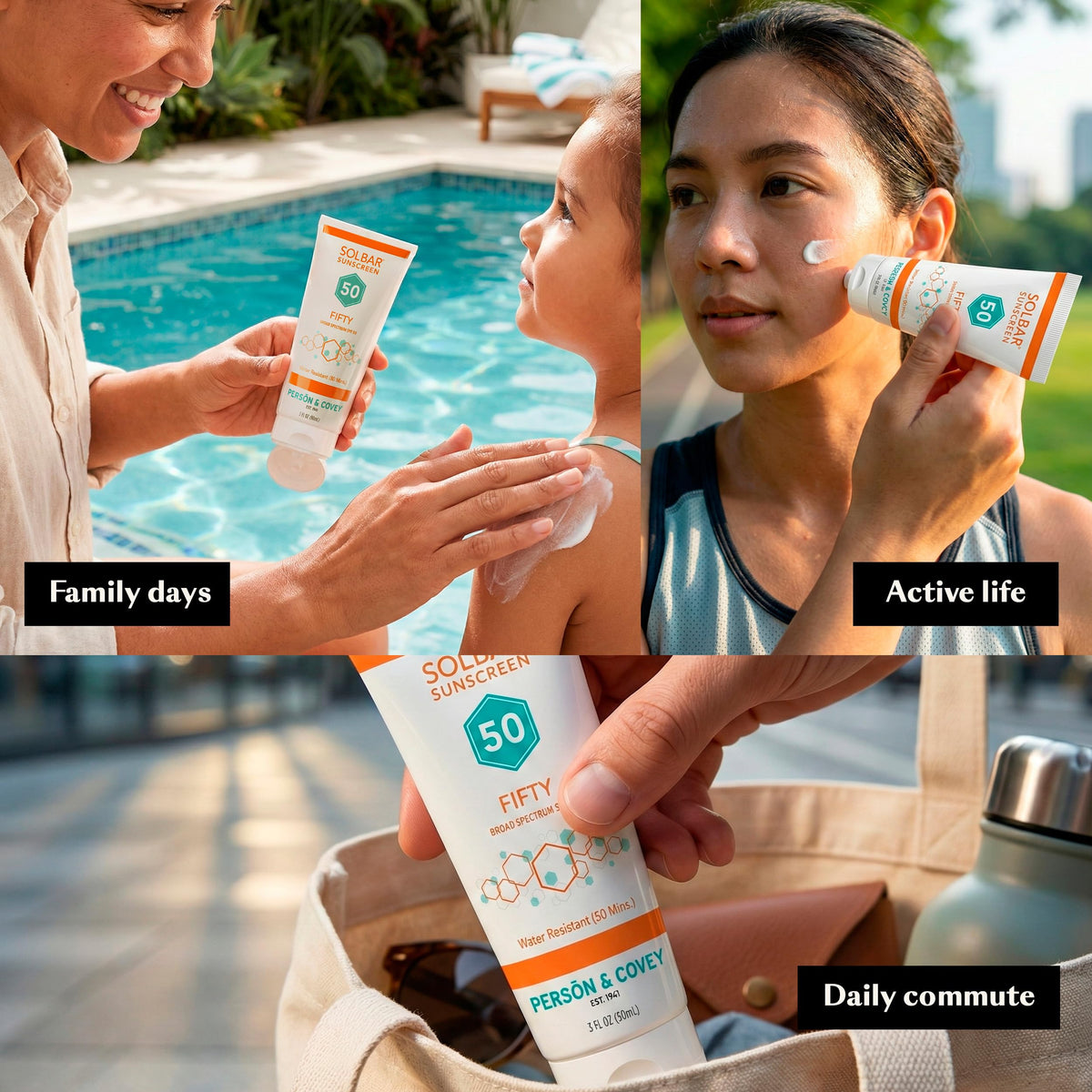 Close-up of Solbar Fifty label and ingredients highlighting avobenzone-based broad spectrum protection benefit