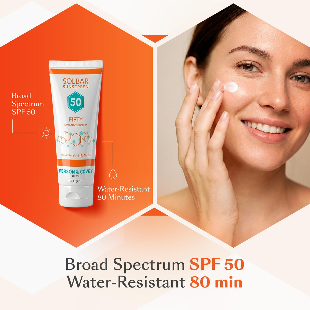 Solbar Fifty creamy texture close-up illustrating quick absorbency and moisturizing finish benefit
