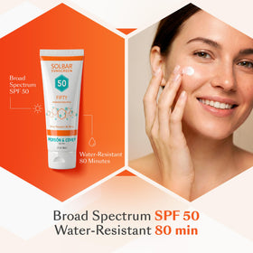 Solbar Fifty creamy texture close-up illustrating quick absorbency and moisturizing finish benefit